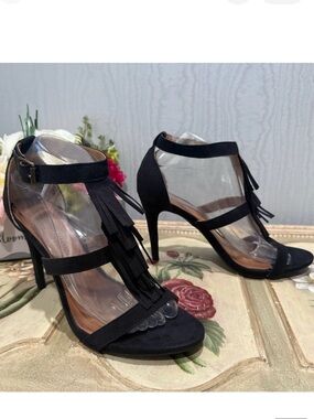 Christian Siriano Kactus Black Faux Suede Fringe Heels Sandals Strappy NIB 8.5